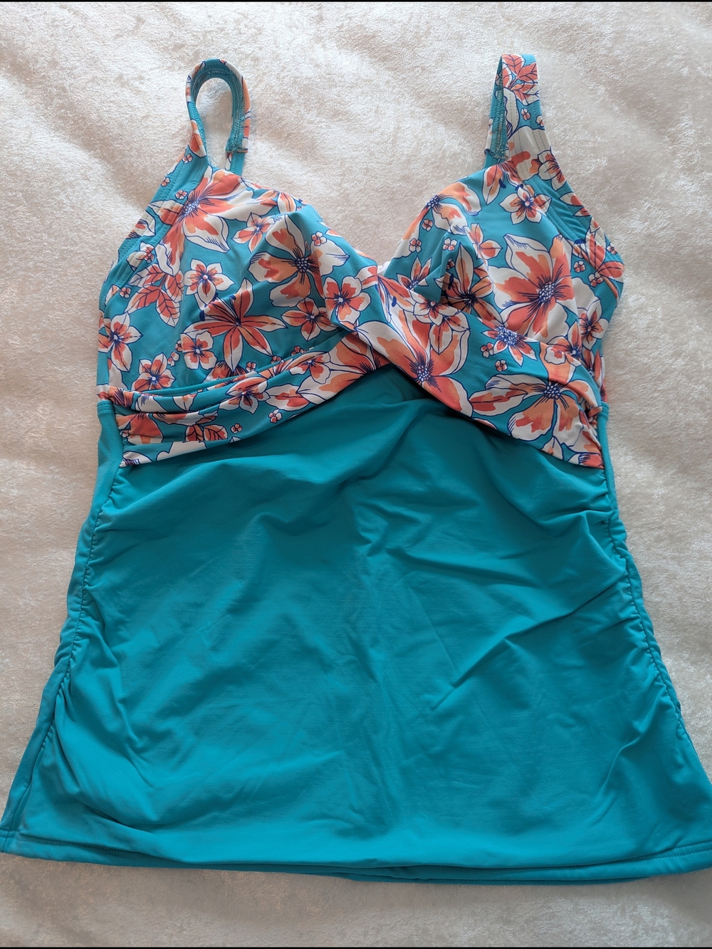 Lands' End Teal Floral Tankini Swim Top